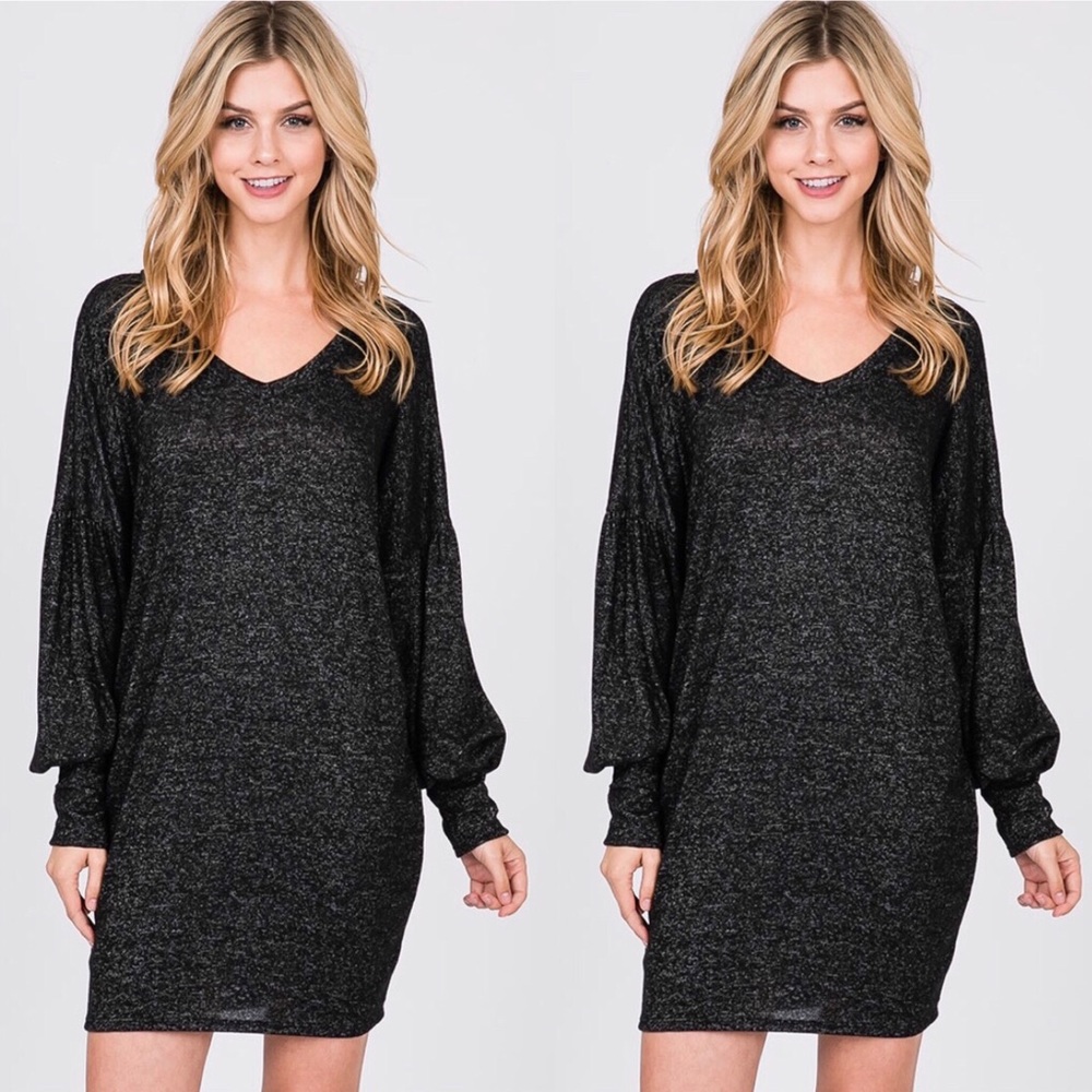 New Black Bubble Sleeve V-Neck Sweater Dress